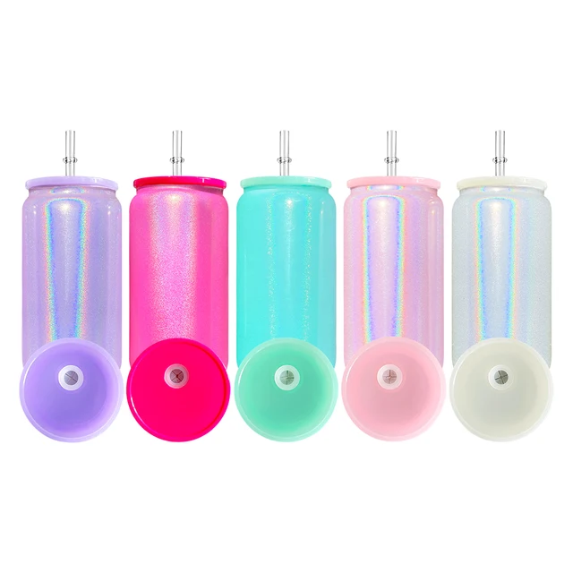 16oz Sublimation SHIMMER GLITTER Pastel Glass Tumbler With Colored Lid