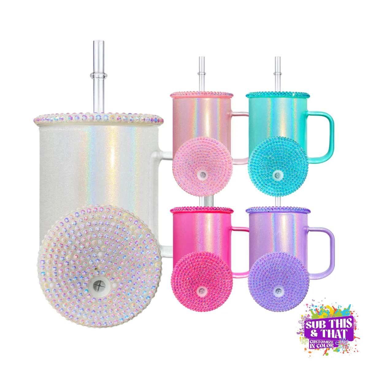 16oz Shimmer Glitter Glass Tumbler with Bling Lid