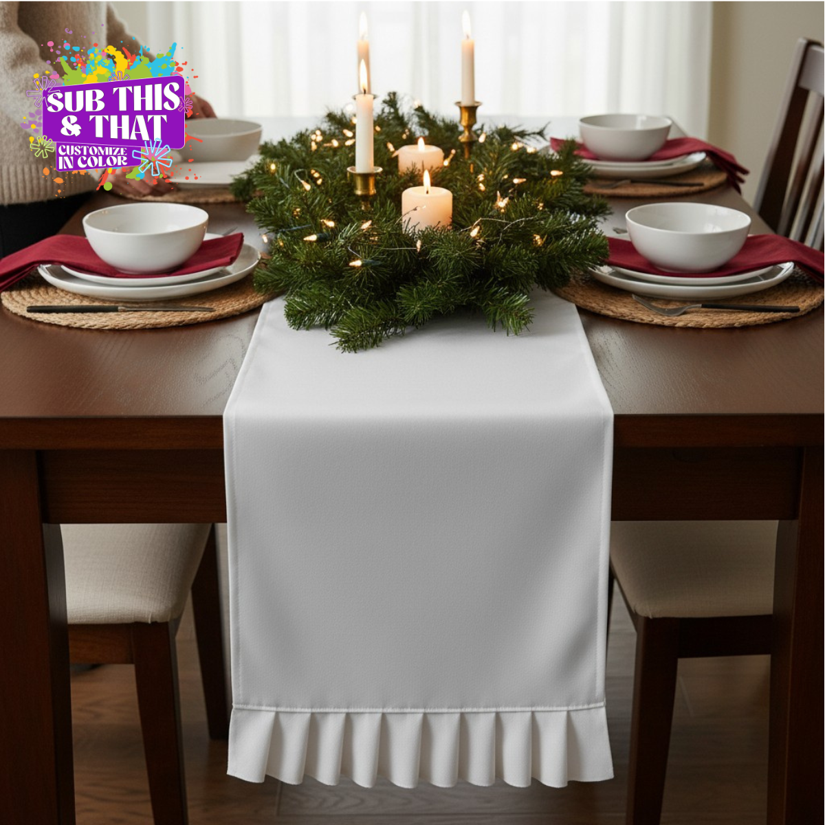 70 x 13 Inch Cream Sublimation Table Runner with Ruffles | Polyester Table Runner Blank | Sublimation Table Décor