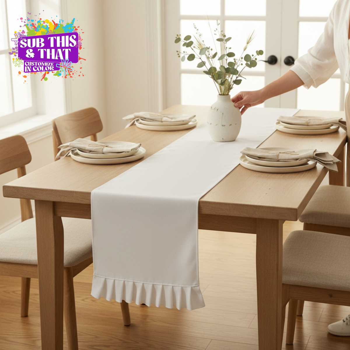 70 x 13 Inch Cream Sublimation Table Runner with Ruffles | Polyester Table Runner Blank | Sublimation Table Décor