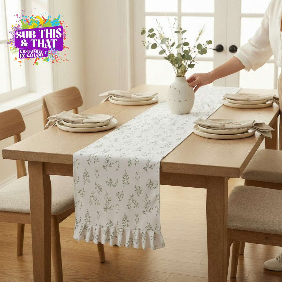 70 x 13 Inch Cream Sublimation Table Runner with Ruffles | Polyester Table Runner Blank | Sublimation Table Décor