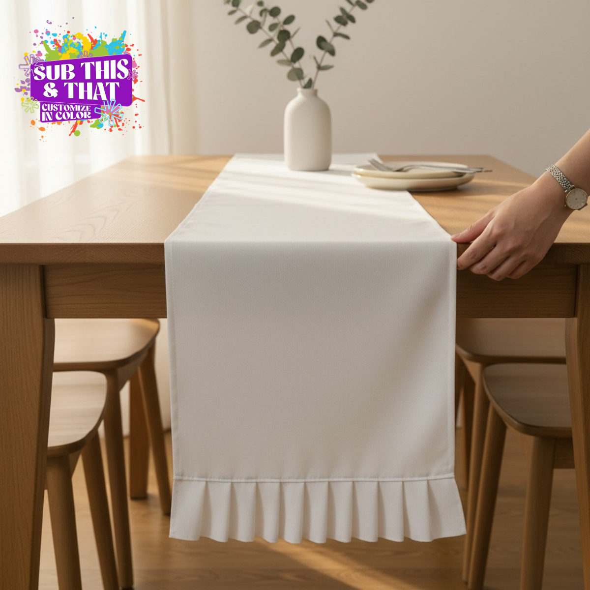 70 x 13 Inch Cream Sublimation Table Runner with Ruffles | Polyester Table Runner Blank | Sublimation Table Décor