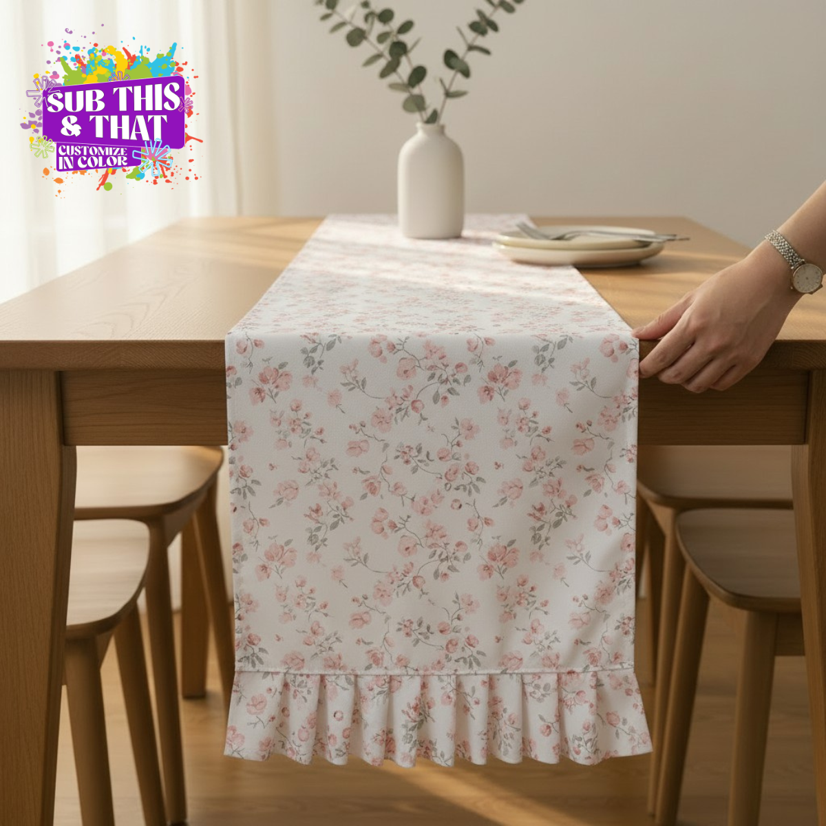 70 x 13 Inch Cream Sublimation Table Runner with Ruffles | Polyester Table Runner Blank | Sublimation Table Décor