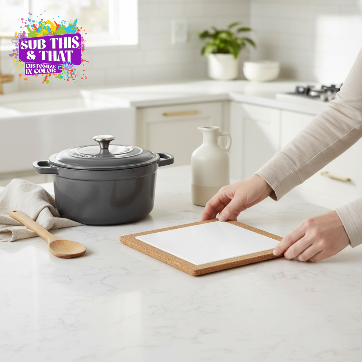 6 x 6 Cork Trivet with 4 x 4 Sublimation Ceramic Tile | Hot Pad Blank | Sublimation Trivet for Kitchen Décor
