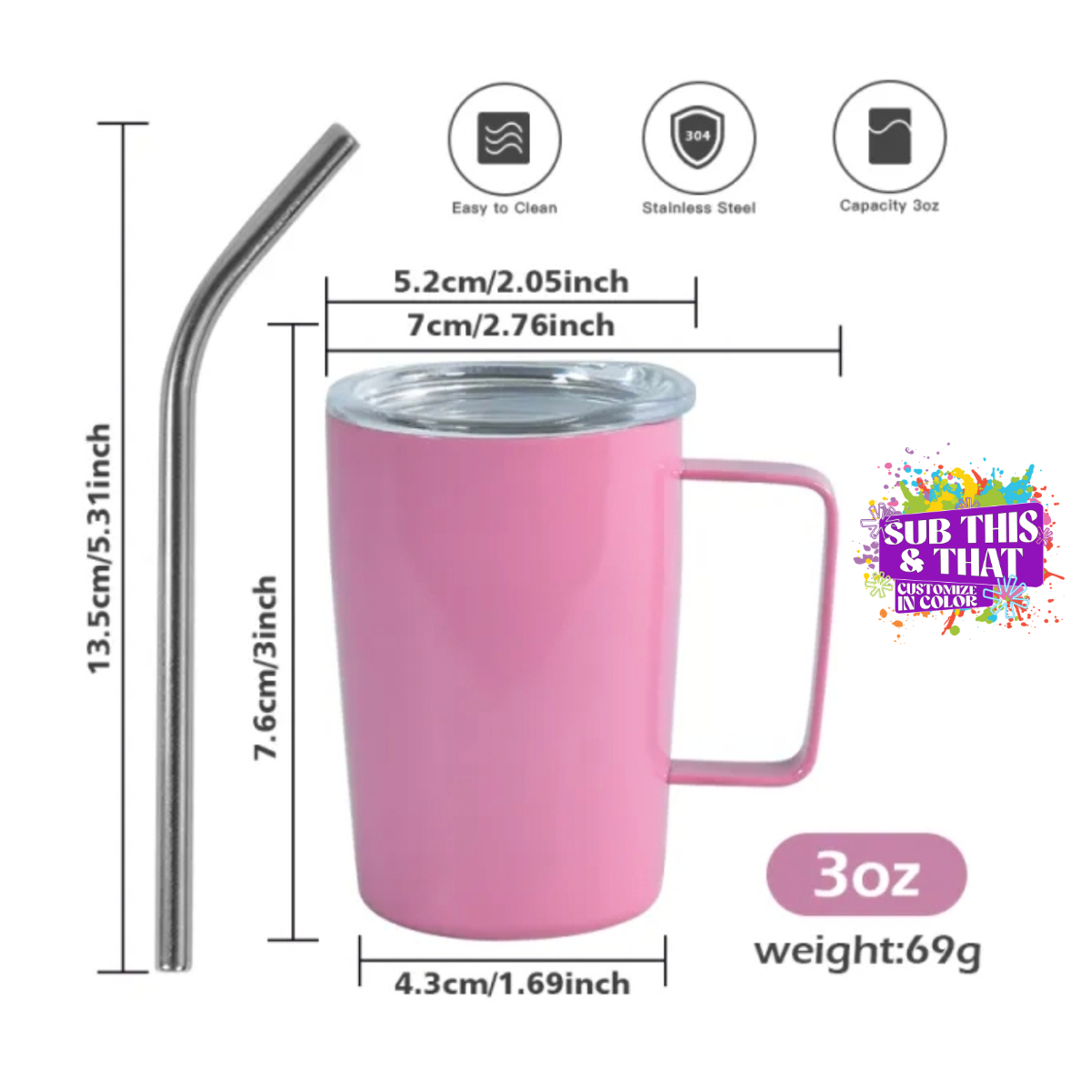 3oz Mini Sublimation Shot Glass with Handle (Includes Lid + Straw)