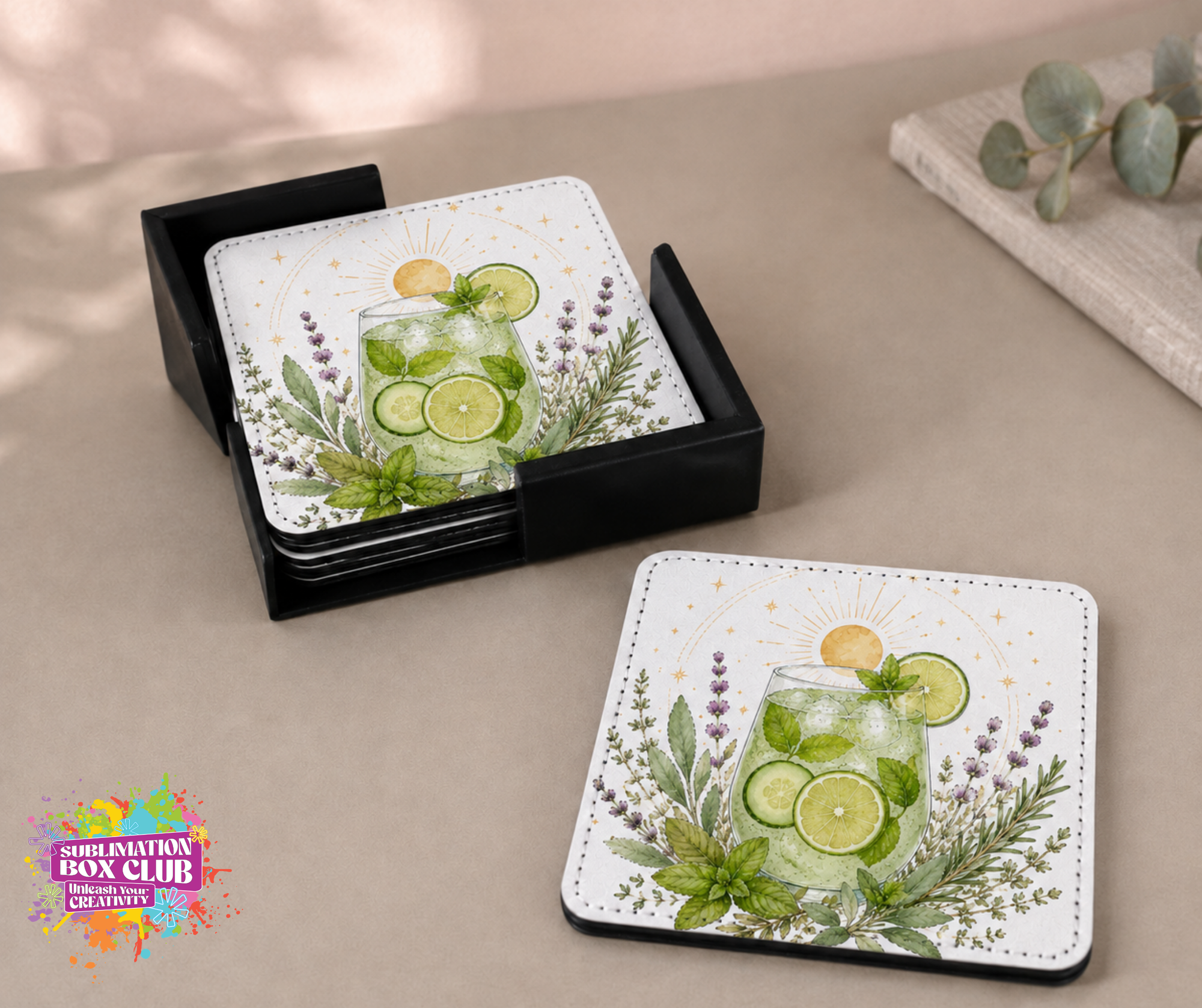 6-Piece PU Leather Sublimation Coaster Set with Holder