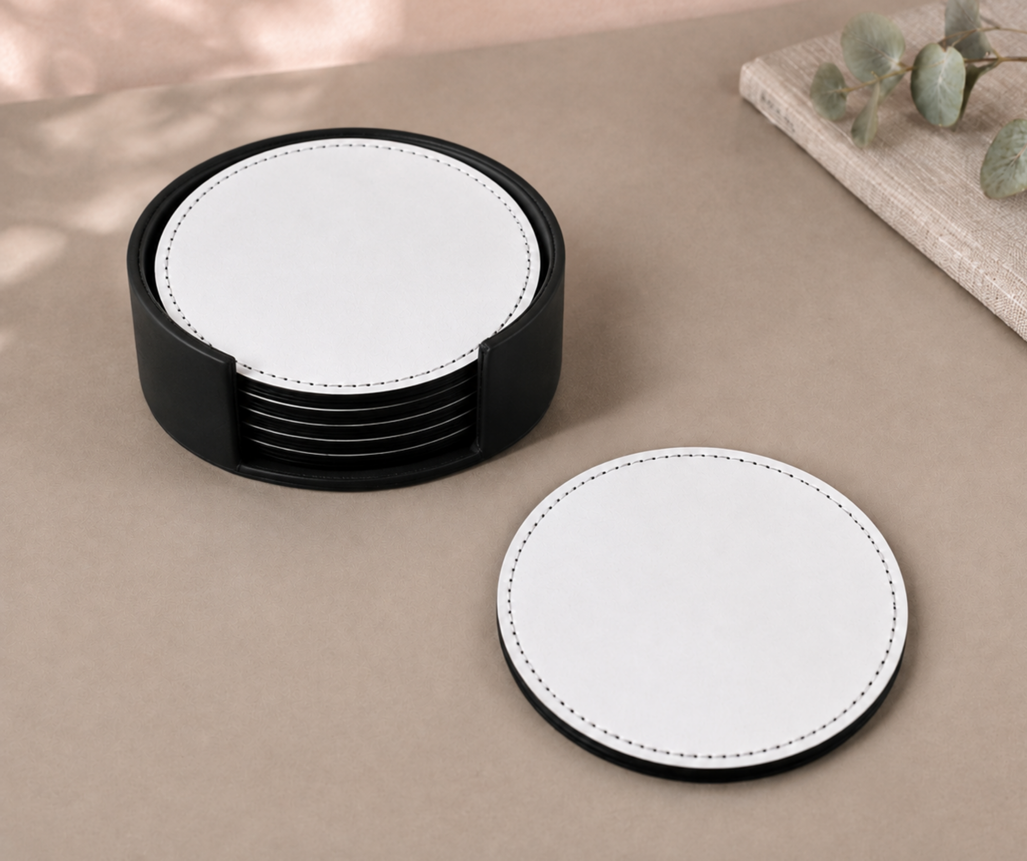 6-Piece PU Leather Sublimation Coaster Set with Holder