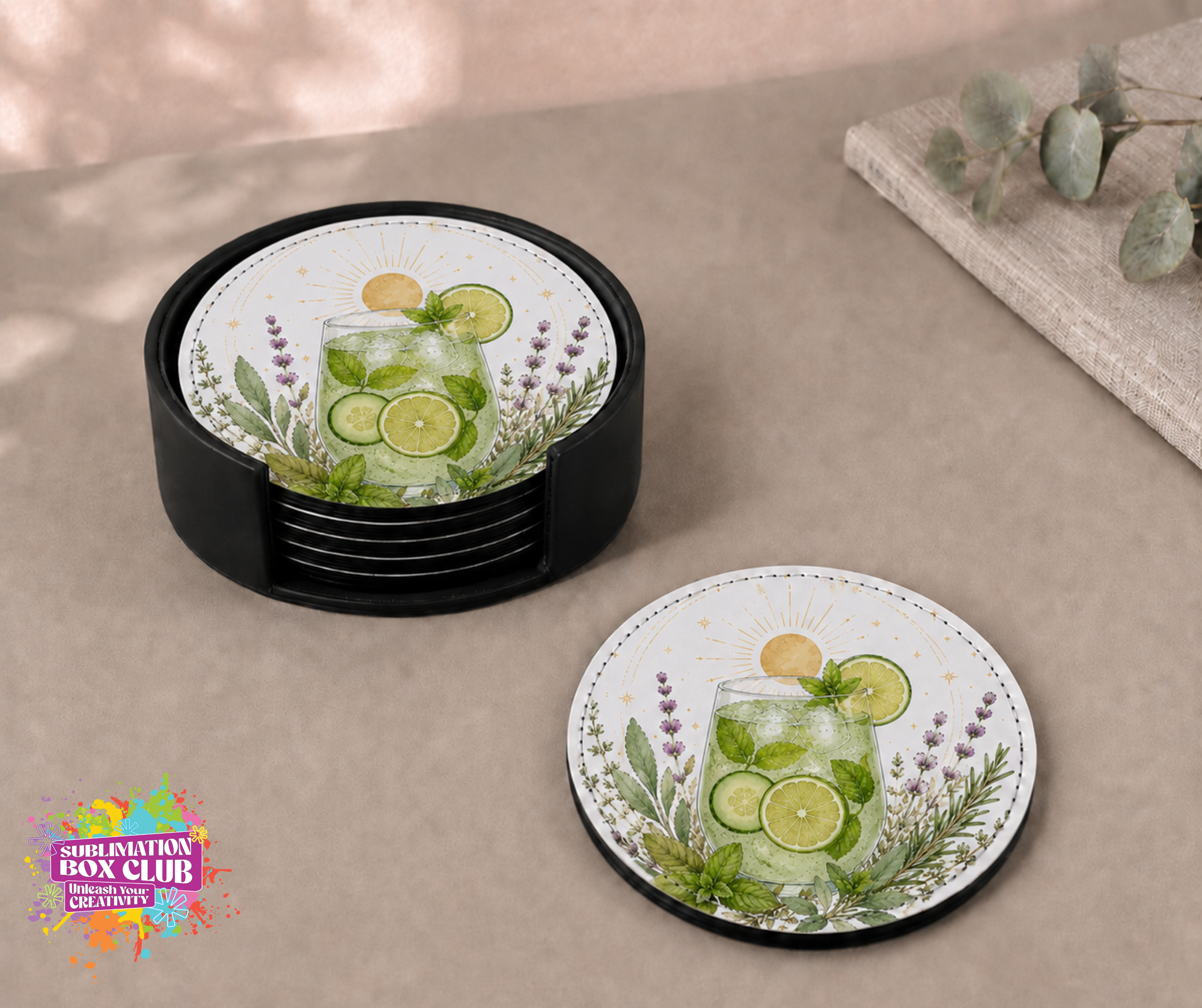 6-Piece PU Leather Sublimation Coaster Set with Holder