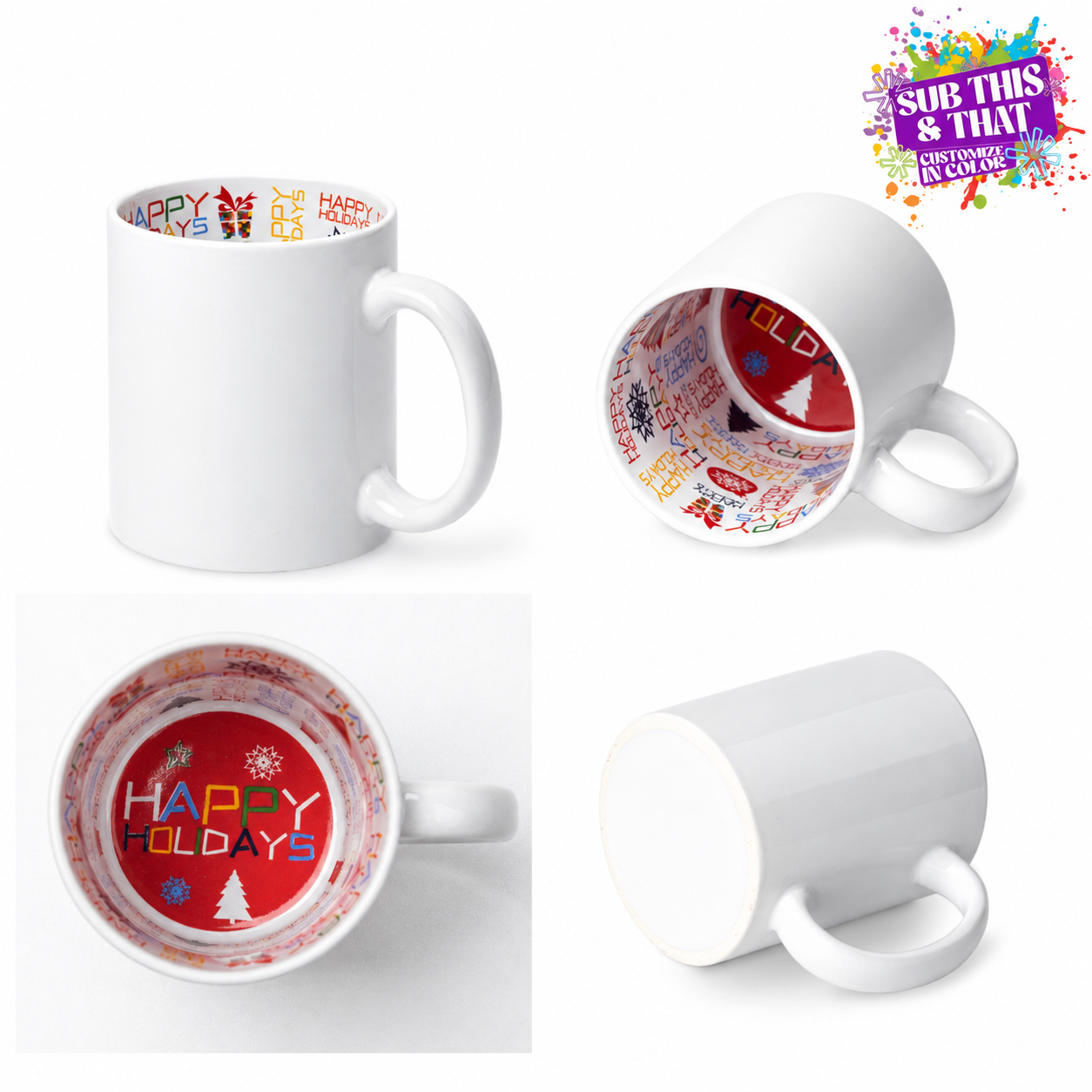 11oz Sublimation Ceramic Holiday Mug – White with Festive Interior Design + Box