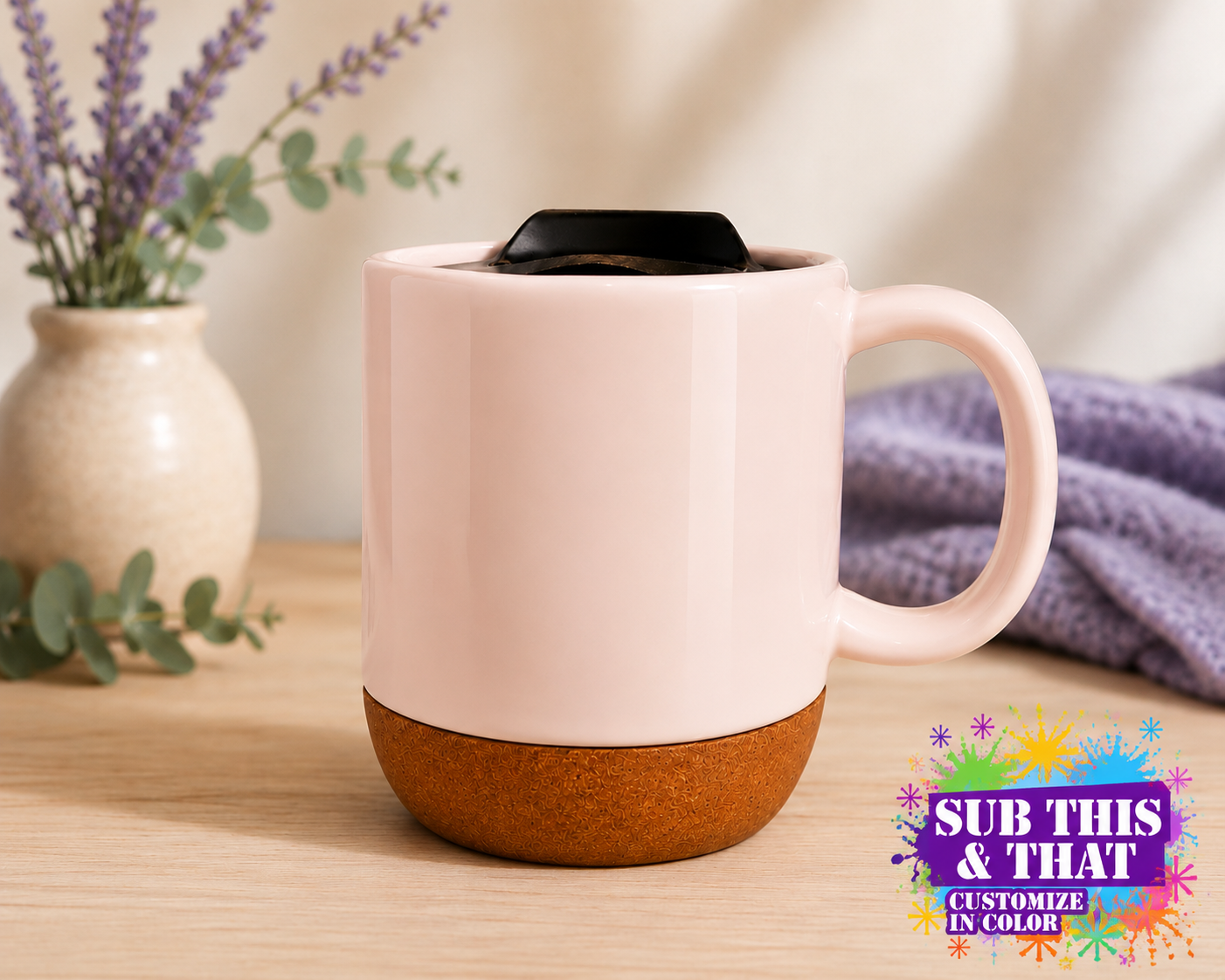 15 oz Ceramic Sublimation Mug with Removable Cork Bottom & Lid