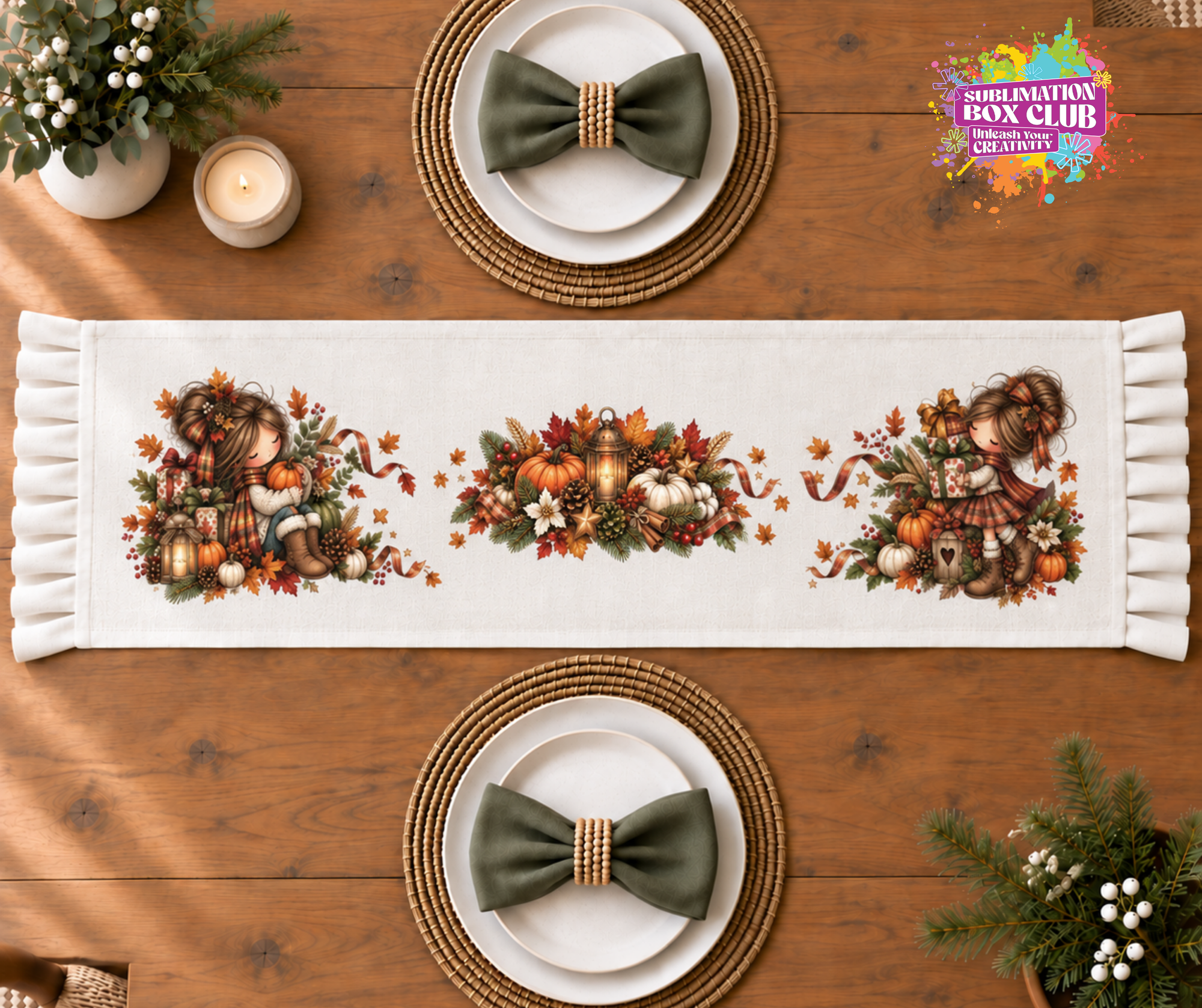 70 x 13 Inch Cream Sublimation Table Runner with Ruffles | Polyester Table Runner Blank | Sublimation Table Décor