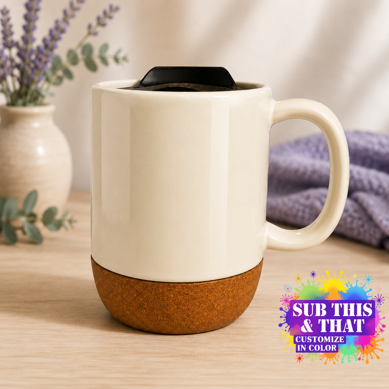15 oz Ceramic Sublimation Mug with Removable Cork Bottom & Lid