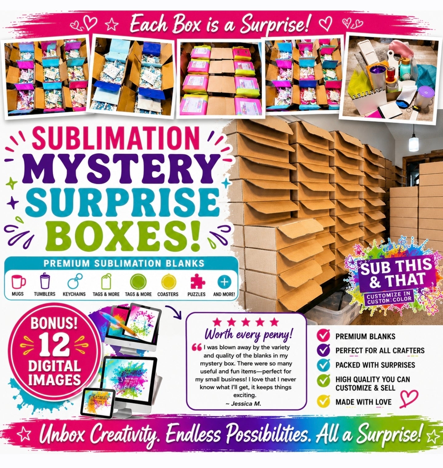 Sublimation Starter Blanks Box – Mystery Craft Box for Beginners & Small Businesses