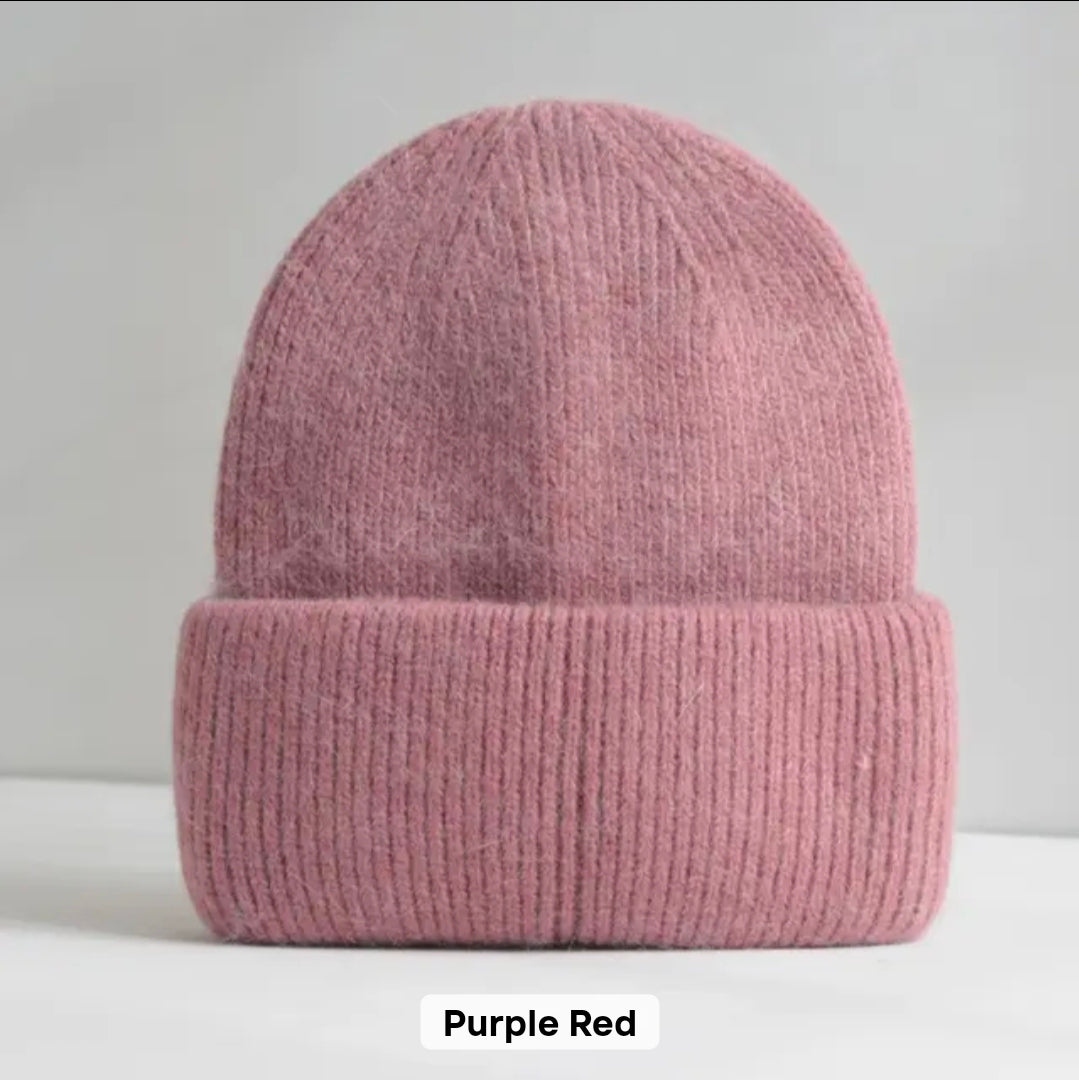 Angora Fur Beanie Hat with PU Leather Sublimation Patch