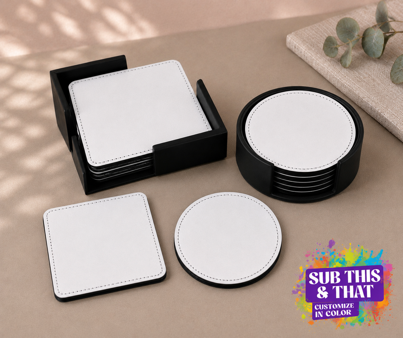 6-Piece PU Leather Sublimation Coaster Set with Holder
