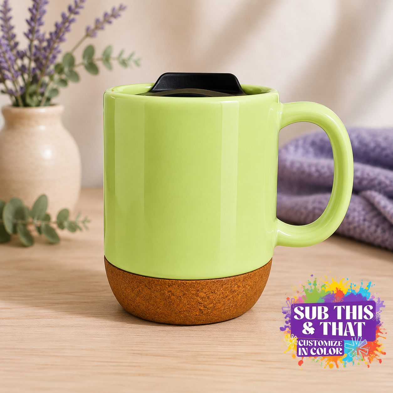 15 oz Ceramic Sublimation Mug with Removable Cork Bottom & Lid