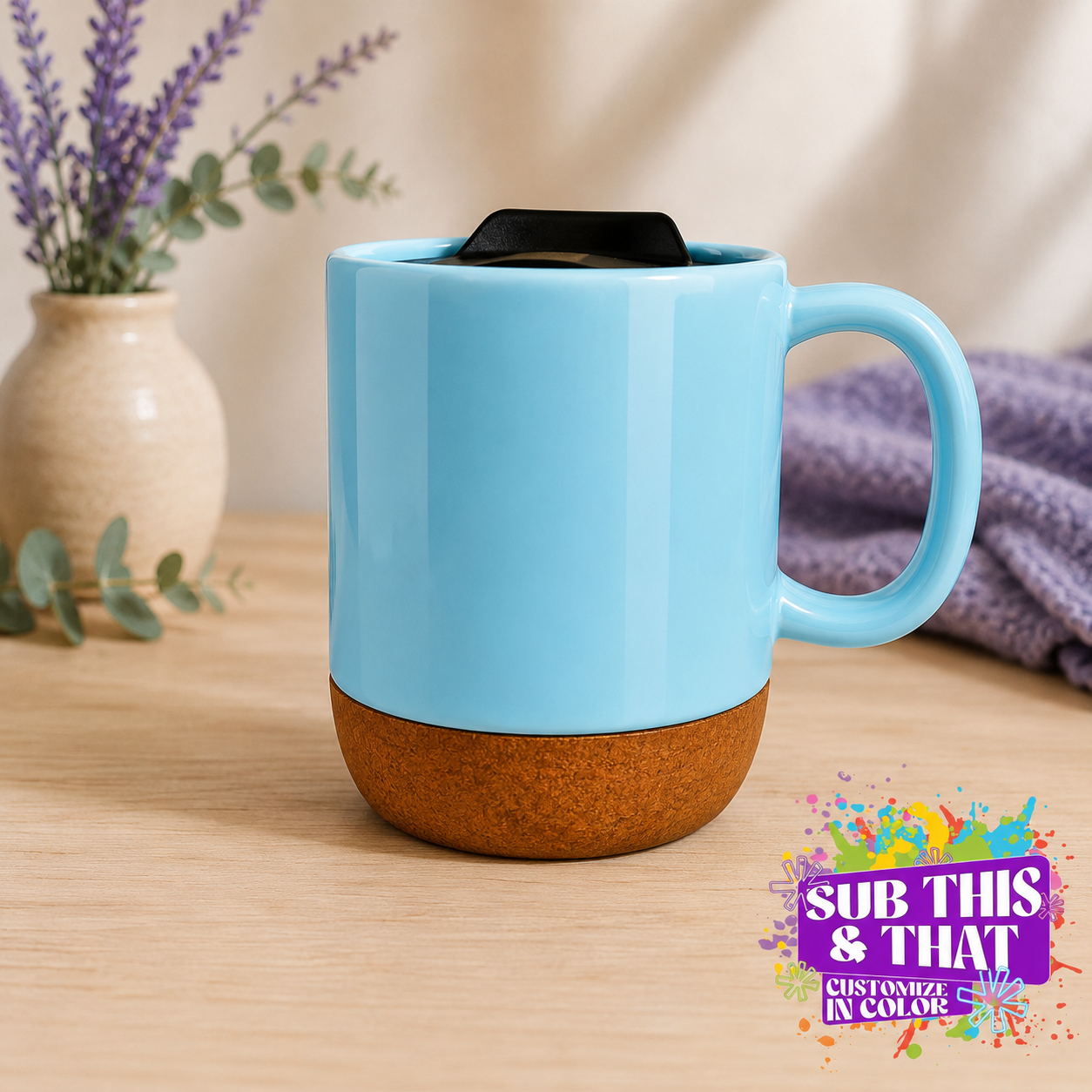 15 oz Ceramic Sublimation Mug with Removable Cork Bottom & Lid