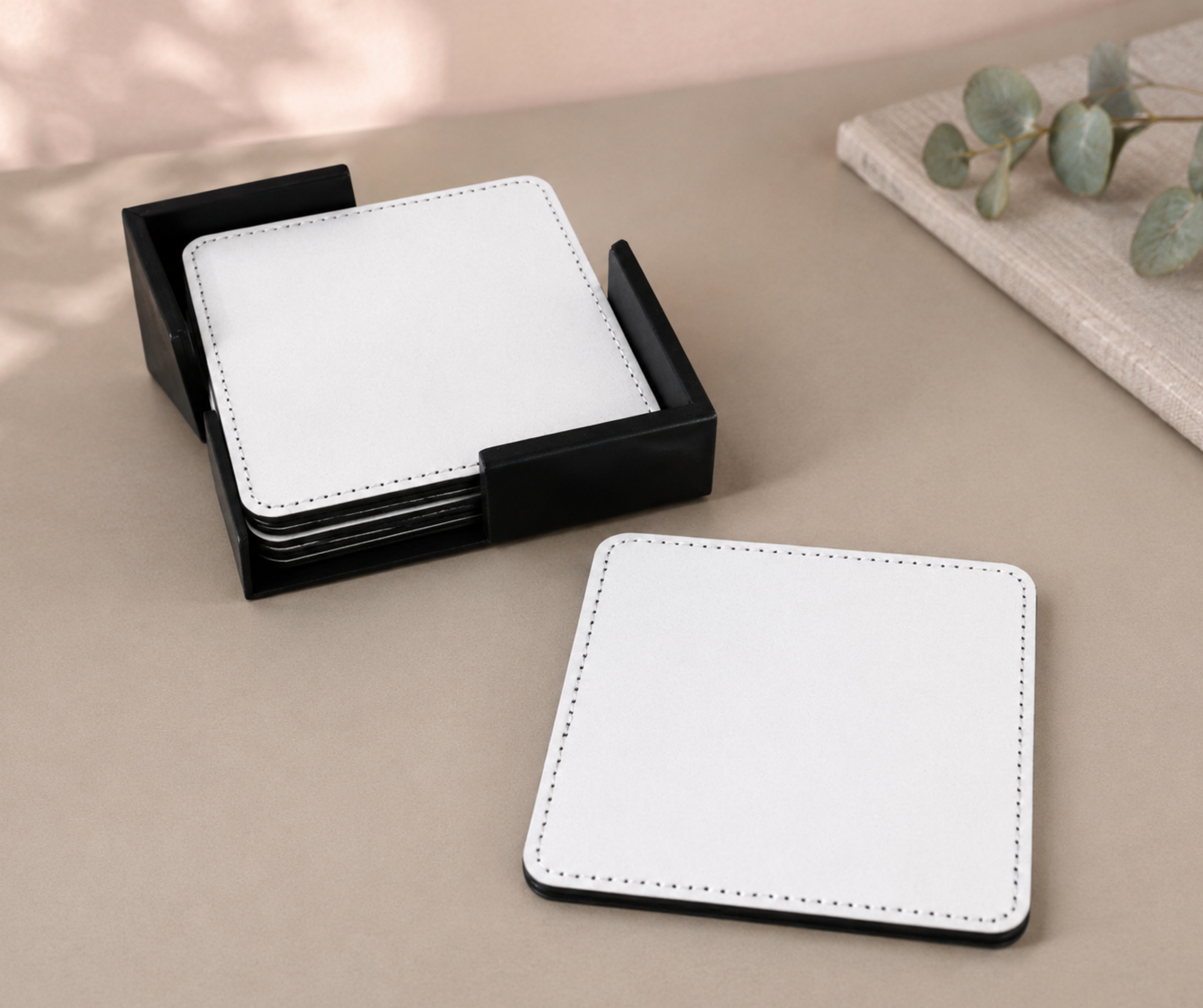 6-Piece PU Leather Sublimation Coaster Set with Holder